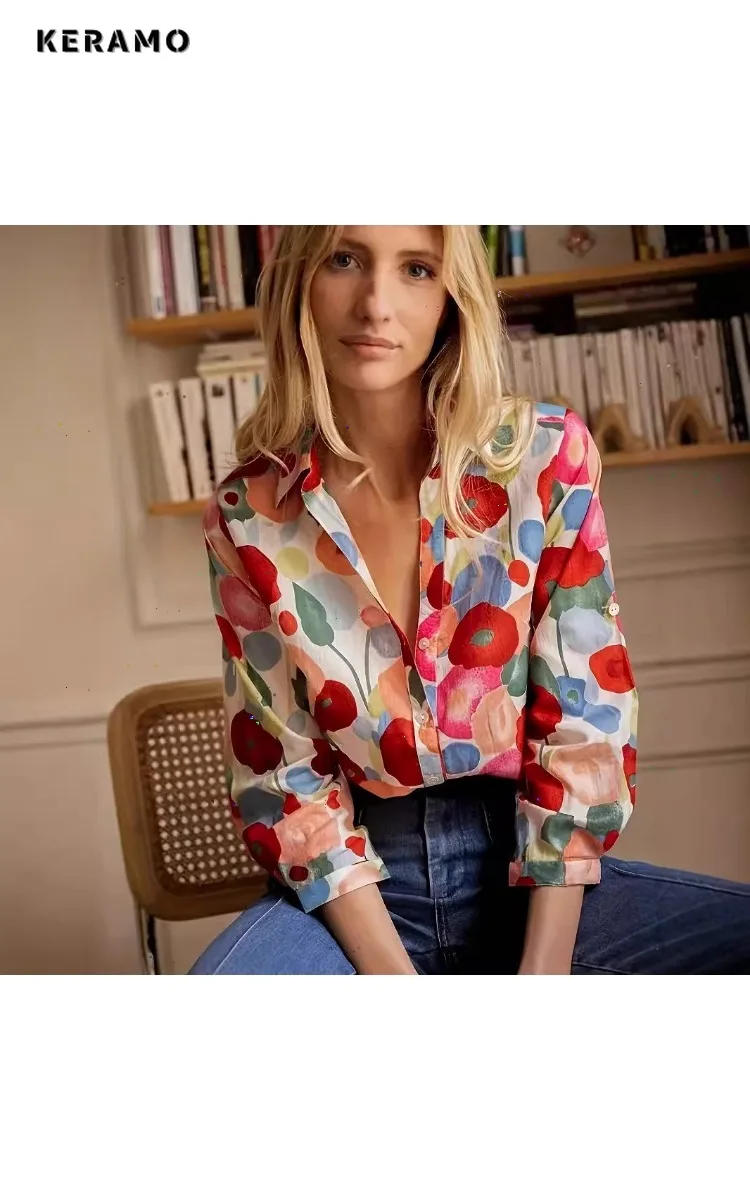 French Elegant Style Floral Print Turn Down Collar Luxury Blouses 2025 Winter Women Office Lady Long Sleeve Shirts Chiffon Top