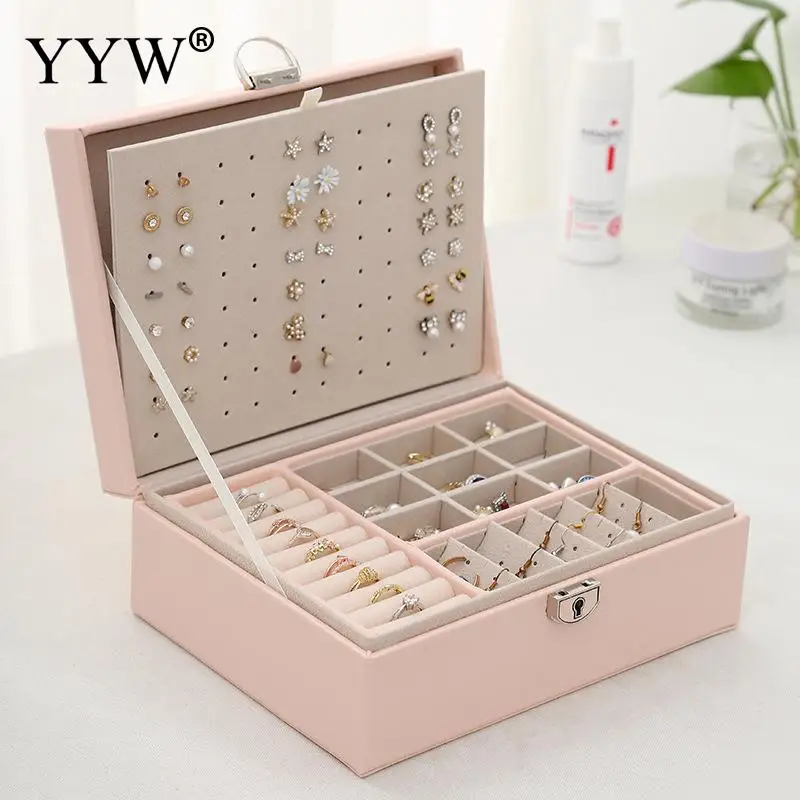 Jewelry Box Women Gift Large Leather Jewelry Organizer Storage Case With Two Layers Display For Earrings Bracelets Rings Watches