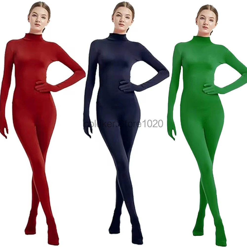 New Women Ninja Invisible Man Costume Black Green Stretch Adult Turtleneck Long Sleeve Full Body Zentai Stage Performance Wear