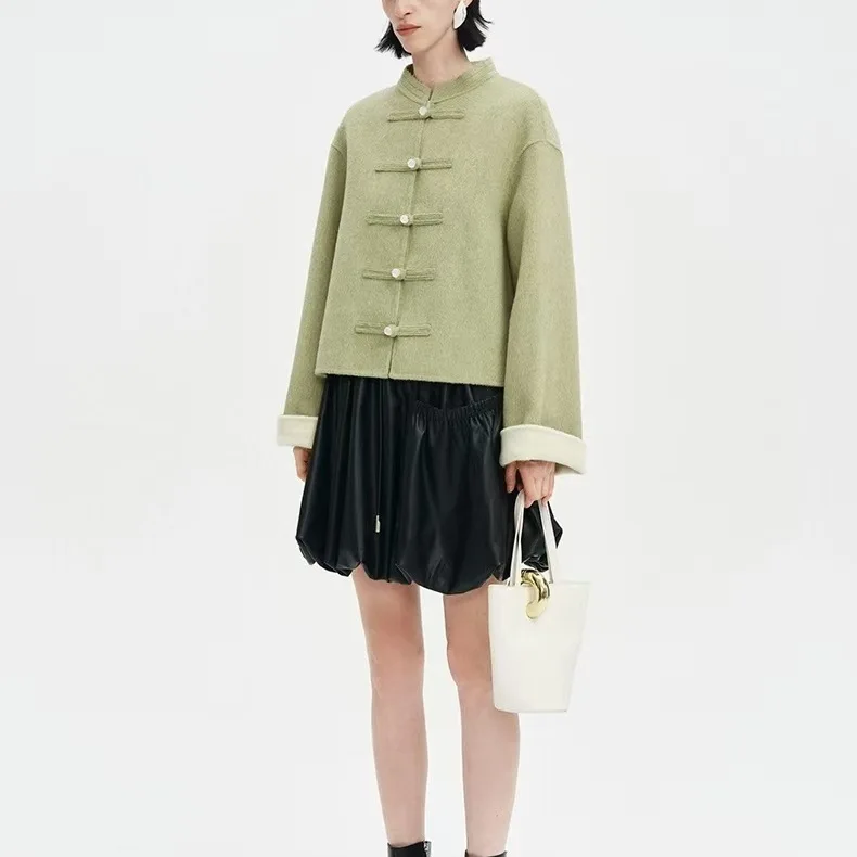 

New Chinese double-sided tweed jacket for women's 25 spring national style buckle green short woolen top