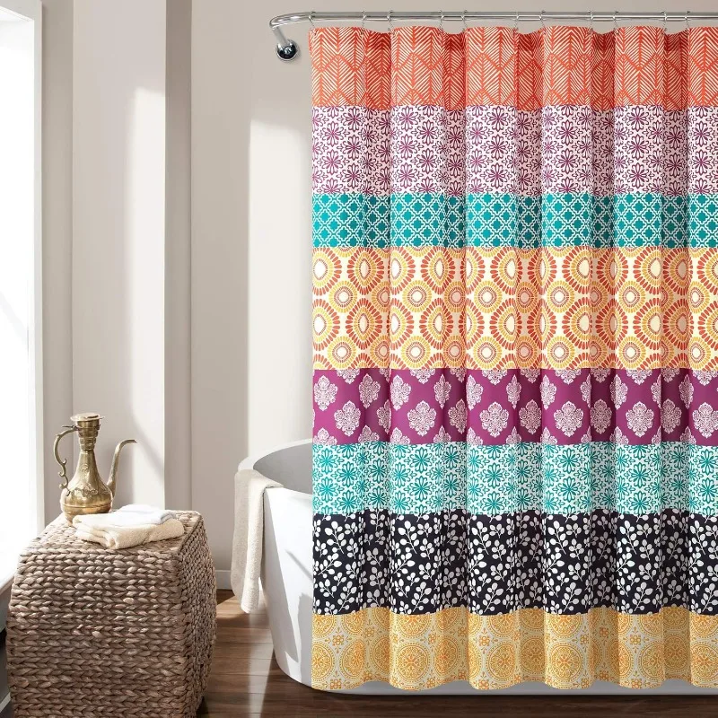 

Bohemian Stripe Shower Curtain, 72" W x 72" L, Fuchsia & Orange - Boho Shower Curtain - Colorful Striped Bathroom Curtain
