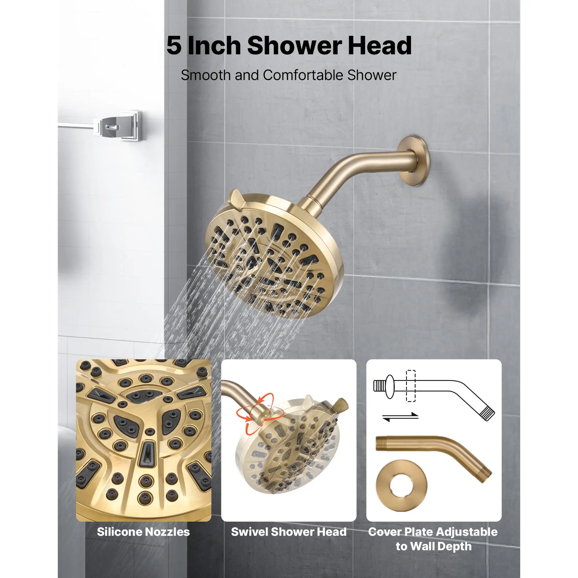 Gold Tub and Shower Faucet Set with 5 Inch Rainfall Shower Head Bathtub 8 Setting Adjustable Spray Single Handle Trim Kit with Brass Pressure Balancing