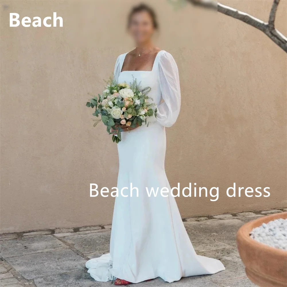 

Beach Wedding Dresses Square Customized Long Puff Sleeves Plain Bridal Gowns Sweep Train Vestido De Noiva Customize To Measures