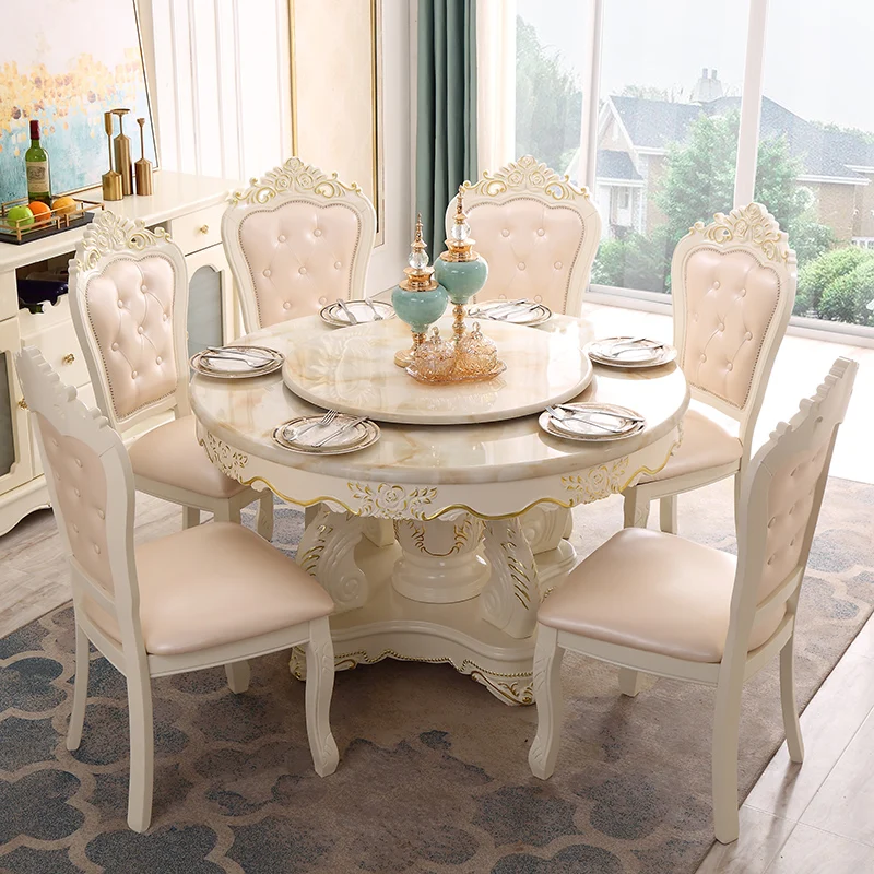 Customizable European dining table and chair combination marble round table with turntable