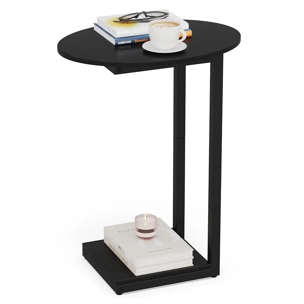 

Small Side Table End Table, C-Shaped Wood Coffee Table Tv Tray For Eating Couch Tables For Small Space, Living Room, (Black)