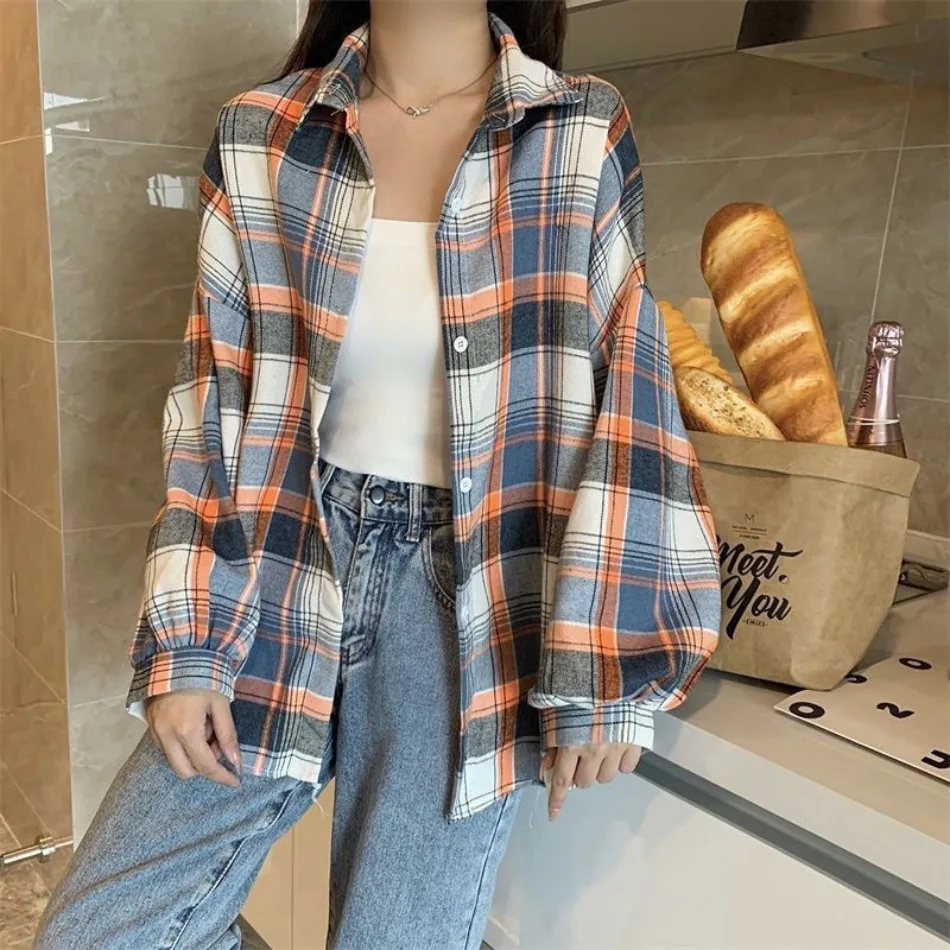 Herbst Damen Hemd Kariert Langarm Damen Oberteile Vintage Geknöpftes Bluse Damen Preppy Stil Lose Karierte Hemden Damenbekleidung – Detail 18