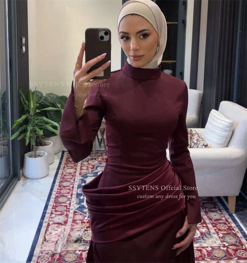 SSYTENS Arabic Evening Dresses High Neck Long Sleeves Strethcy Satin Customized Mermaid Brown Party Prom Gowns Vestidos De Noche