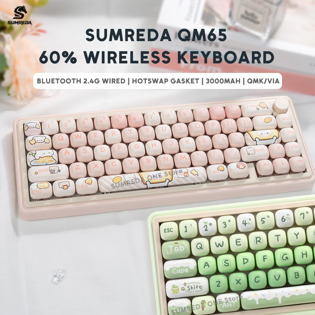 SUMREDA R65 QM65 Pink Cute Wireless Mechanical Keyboard Gaming 60% Bluetooth 2.4G Wired RGB Hotswap Gamer Non-contact Keyboard