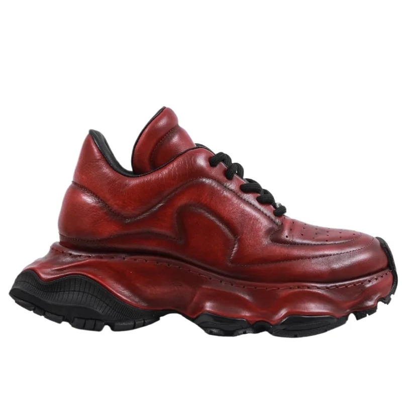 Zapatos Retro rojos para papá para hombre, zapatos con plataforma gruesa que aumentan la altura, calzado deportivo informal cómodo y transpirable de cuero genuino