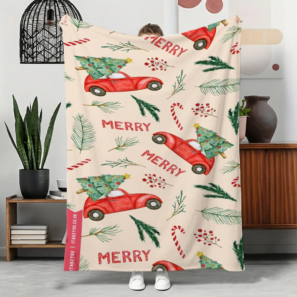 2d Printed Cream Red Car Carrying Christmas Tree Watercolor Throw Blanket For Holiday Party Xmas Gift Living Room Decor