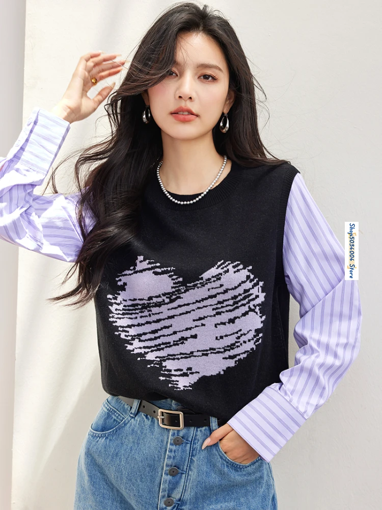 

Stripe Long Sleeve Spliced O-neck Knitted Sweater Women Pullovers Autumn Winter Elegant Chic Casual Loose Tops Jumpers B3399