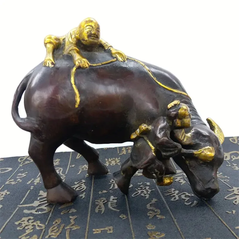Brick and mortar store direct hot selling pure copper cattle ornaments, metal craft boys shepherd boys riding cattle home decora