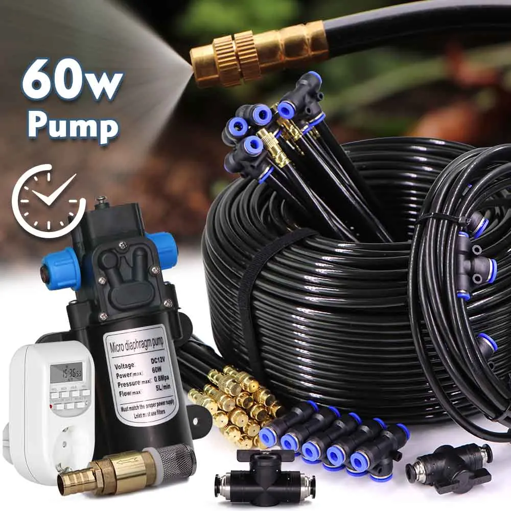 

60w Self-priming Pump Misting Cooling System Check Valve Smart Timer 360° Bend Nozzle Atomizer Sprayer Outdoor Garden Irrigation