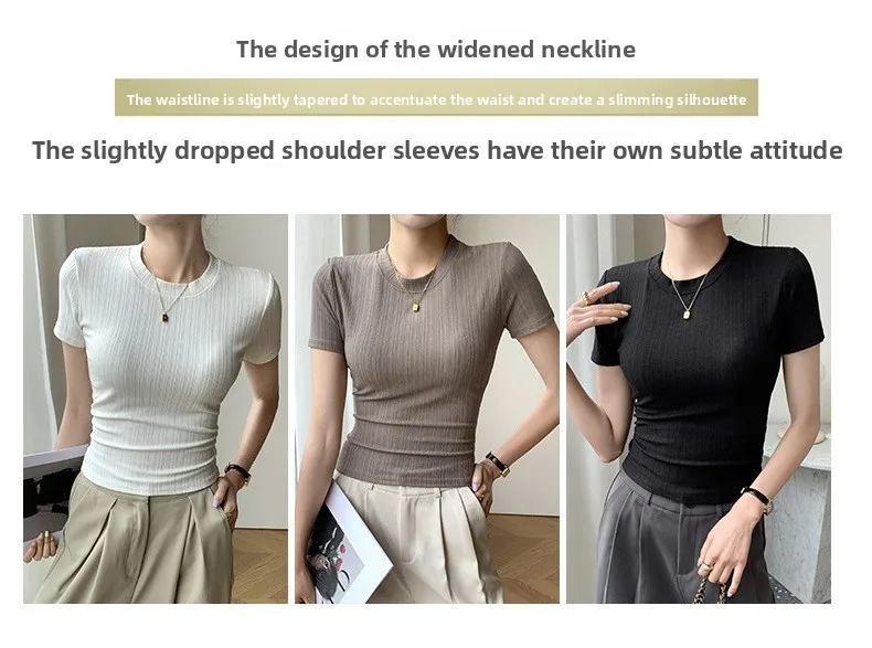 Sommerliches neues Damen-Rundhals-T-Shirt, gestricktes Kurzarm-Oberteil, lässiges Allround-T-Shirt, gestreiftes Basic-Shirt, schmal geschnitten, atmungsaktiv – Detail 7
