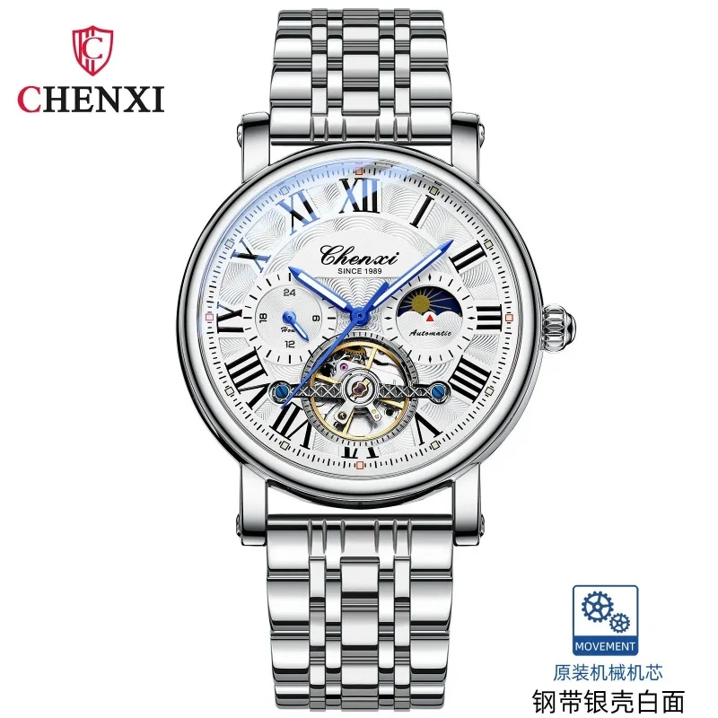CHENXI 8873 Reloj mecánico totalmente automático avanzado de lujo para hombre, volante hueco, luz nocturna, reloj impermeable para hombre, regalo diario