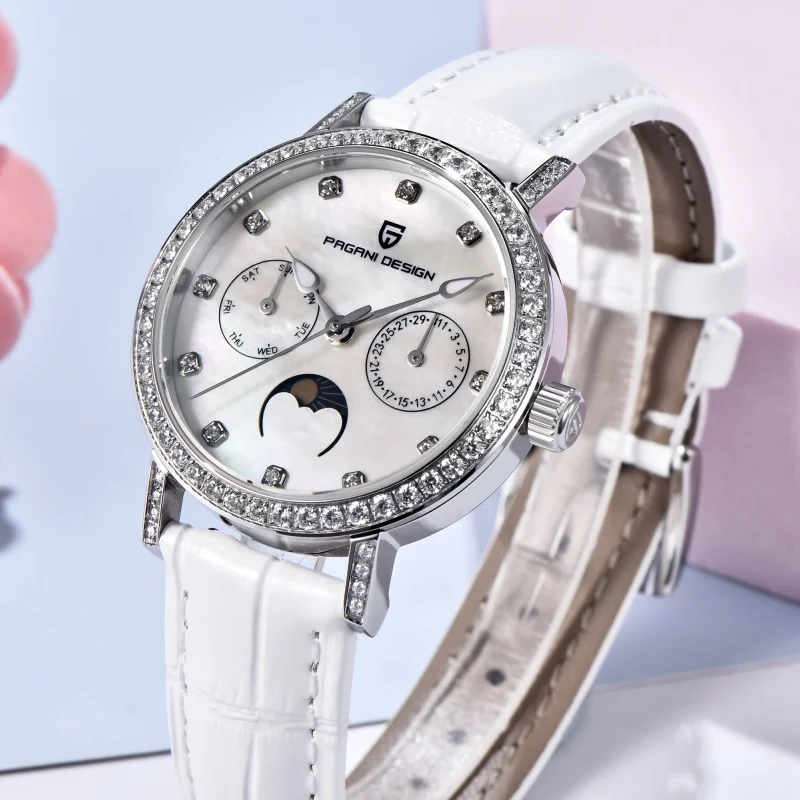PAGANI DESIGN 1789 Reloj de cuarzo para mujer con esfera elegante con conjunto de diamantes, resistente al agua hasta 50M, calendario de cristal de zafiro, fase lunar, reloj para mujer