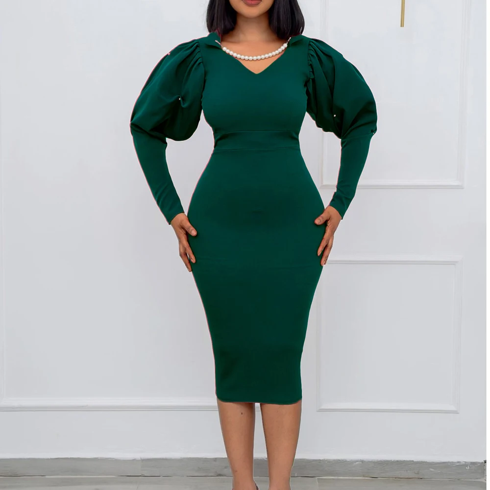 New Green Red Black Bodycon Dress Sale Elegant Chic Pearl Accessories Novelty Woman Dress 2024 Long Sleeve Midi One Piece Dress