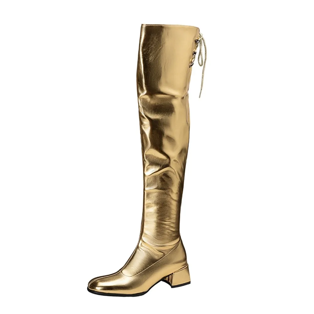 Women Metallic Over The Knee Boots Back Lace Up Side Zipper Low Block Heel Fleece Lined Thigh High Fashion Boots EU 32-46 168-34 - view 2