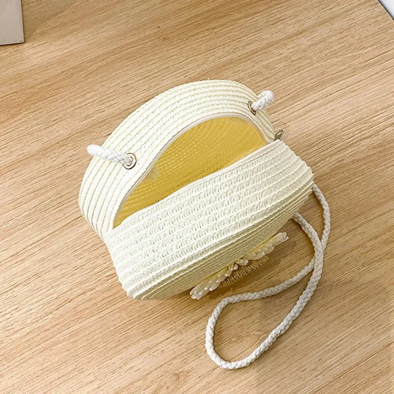 Kwiatowa torebka ze słomy w kształcie koła, plażowa torba na ramię w stylu Vintage, damska torba na ramię Mini wystrój kwiatowy torba Crossbody ze