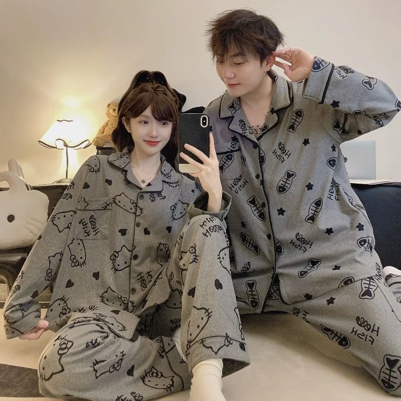 ชุดนอนคู่รักลายเฮลโลคิตตี้ใหม่ ซานริโอ้ ลายแมวและปลา สำหรับฤดูใบไม้ผลิและฤดูใบไม้ร่วง ลายการ์ตูน แขนยาว กางเกงขายาว ชุดนอนนักเรียน ชุดนอนใส่บ้าน