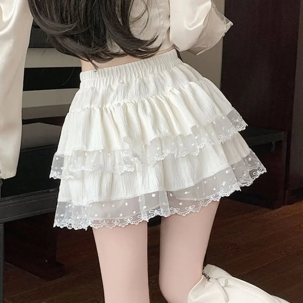 Miękka Spódniczka z Falbankami w Kształcie Ciasta, Damska Spódniczka z Wysokim Stanem, Teksturowana Koronka, Kokarda, Krótka Spódniczka, Słodka Spódniczka z Falbankami w Kształcie Litery A, Letnia