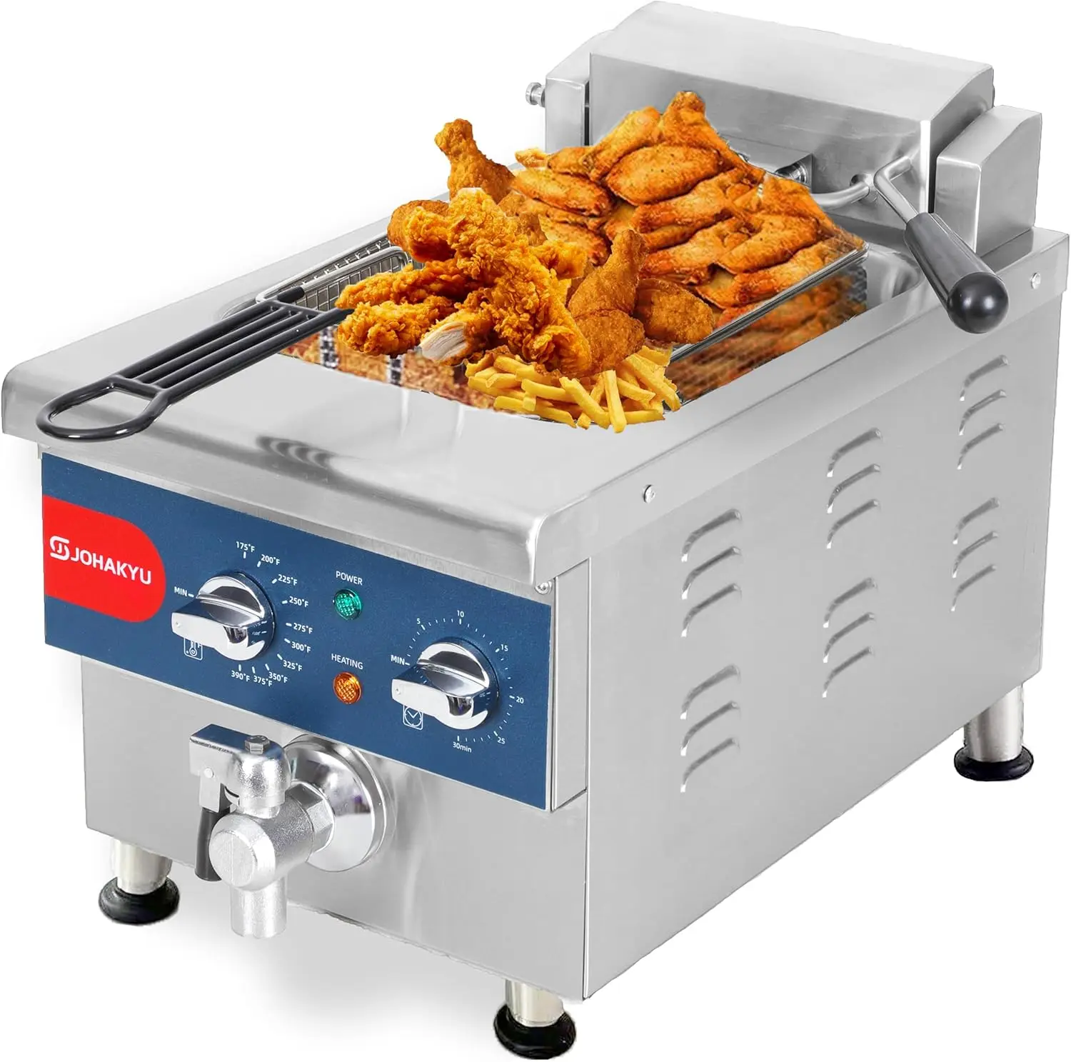 JOHAKYU 6L Commercial Deep Fryer with Basket, Electric Deep Fryer with Timer, Drain, Swung Up Fryer Head, 120v 1800w Electric