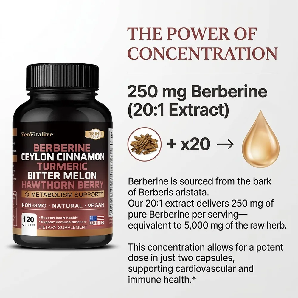 Berberine with Ceylon Cinnamon, Bitter Melon, Apple Cider Vinegar, Hawthorn Berry, Turmeric, 15-in-1 Capsules for Heart, Immune