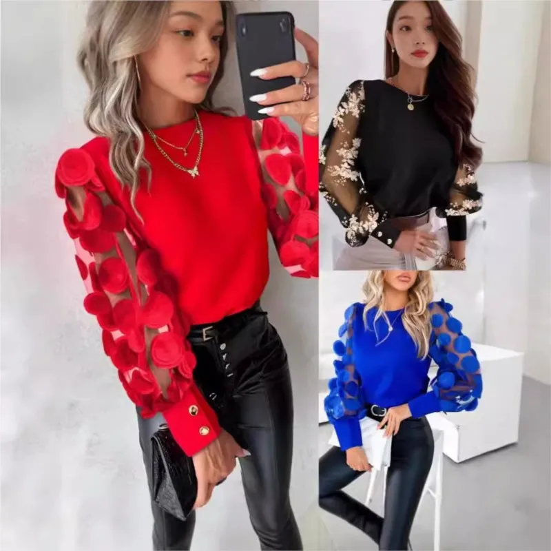 Fashion Women's Blouse Spring Fall Casual Simple O-Neck Red Lace Floral Sheer Mesh Patchwork Top Shirts Women Pullover Clothing