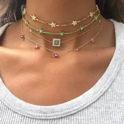 New Fashion Rainbow Color Cute Star Cz Bar Link Chain Choker Necklaces For Women Geometric Charm Delicate Christmas Gift