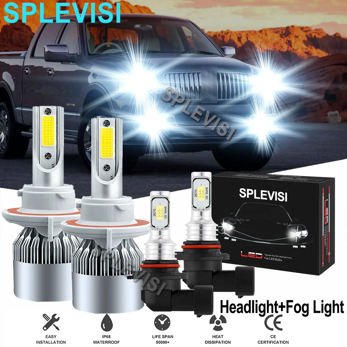 

9008 H13 LED Pure White Headlight 9145 H10 Fog Light Bulbs Kit 6000K Fit For Hummer H3 2006 2007 2008 2009 2010