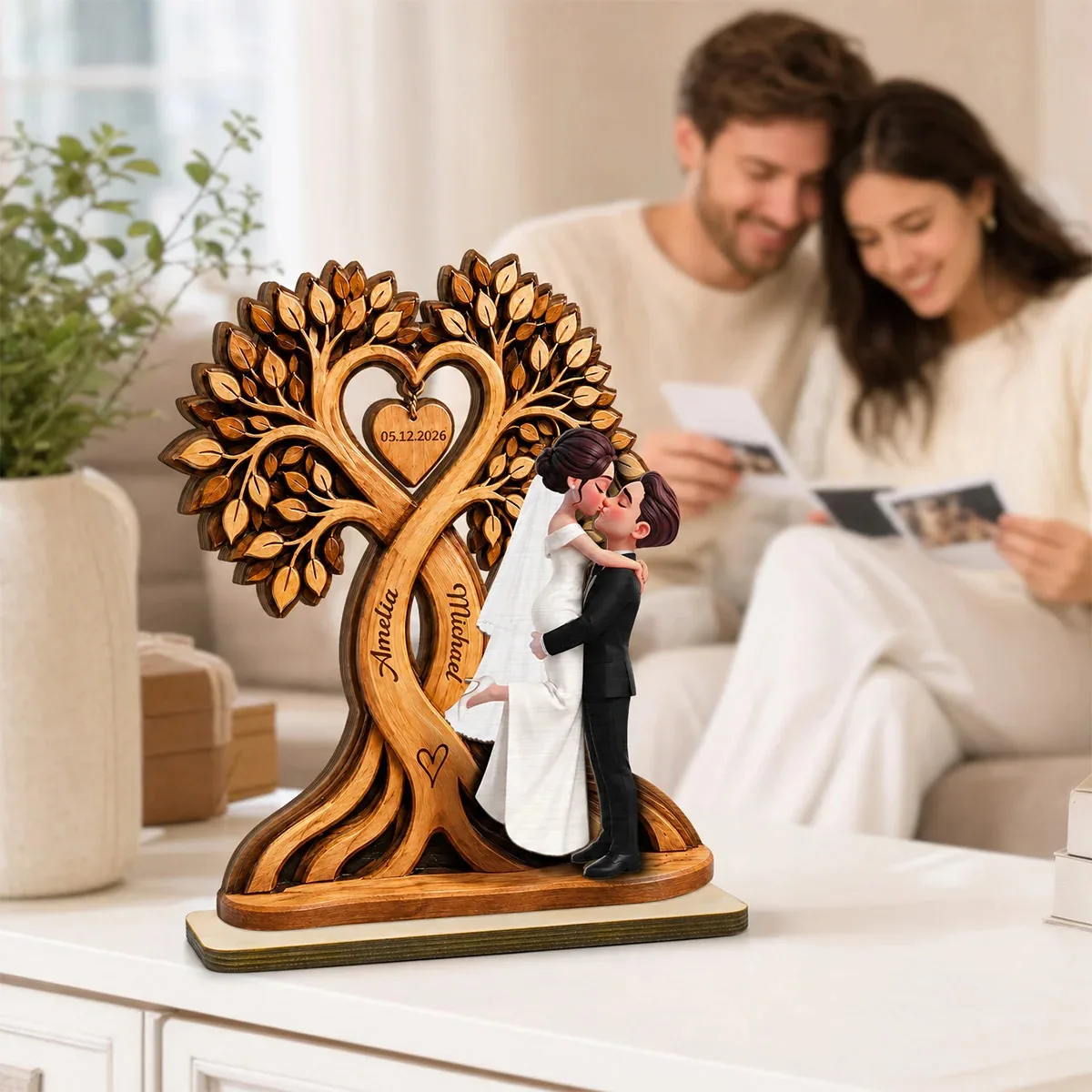 2D Flat Wooden Tree of Life Decor Custom Name Date Heart-Shaped Ring Holder 5.5 8 10 Inch Wedding Anniversary Gift