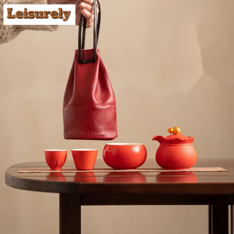 Creative Lucky Bag Red Porcelain Tea Set Kit Retro 1 Pot 3 Cups Tea Maker Outdoor Portable Travel Leather Handbag Teaset Gift