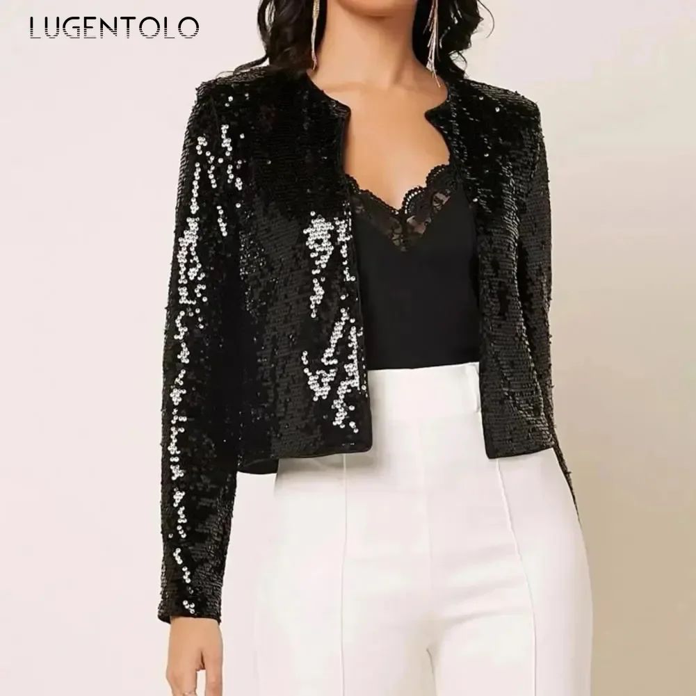 

Женская куртка с блестками, новый весенний однотонный Модный кардиган с О-образным вырезом и длинным рукавом, Женские повседневные уличные универсальные пальто, 2024