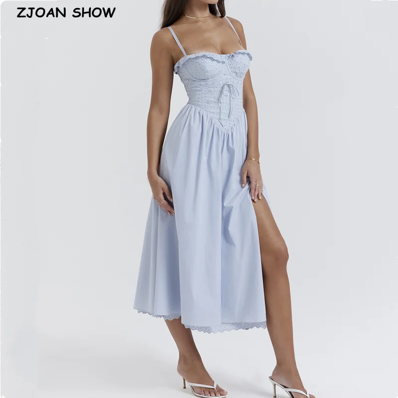 

2023 Sexy Embroidery Hole Corset Style Low Waist Ruched Swing Hem Slit Midi Dress Women Ruffles Slash Collar Long Sling Robe