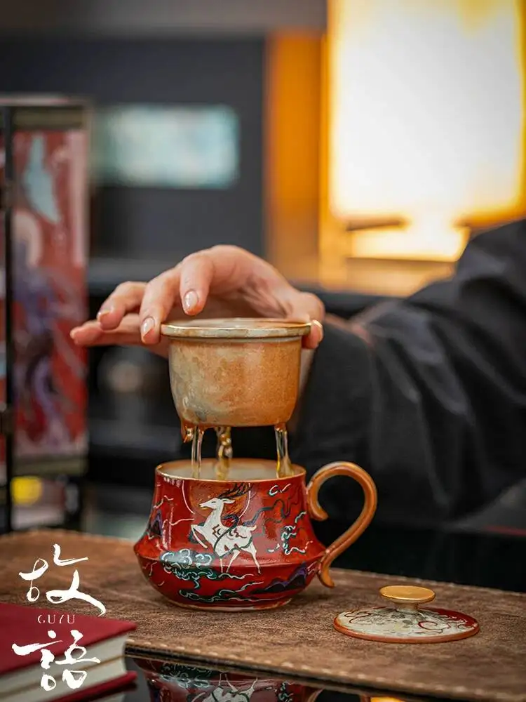 Ancient Language Dunhuang Series Cultural And Creative Hand-Painted Nine-Colored Deer Coffee With Lid Mug Office Water Cup Gift
