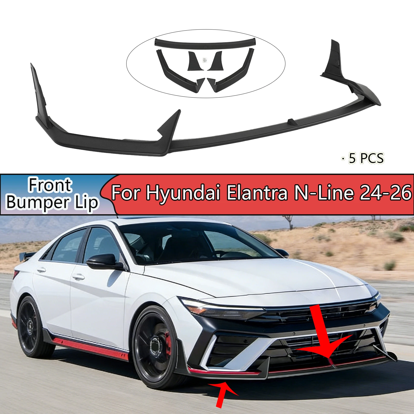 For Hyundai Elantra N-Line 2024-2026 A Set Of Front Bumper Lip Matte Black Carbon Fiber Painted Car Accessories Glossy Black