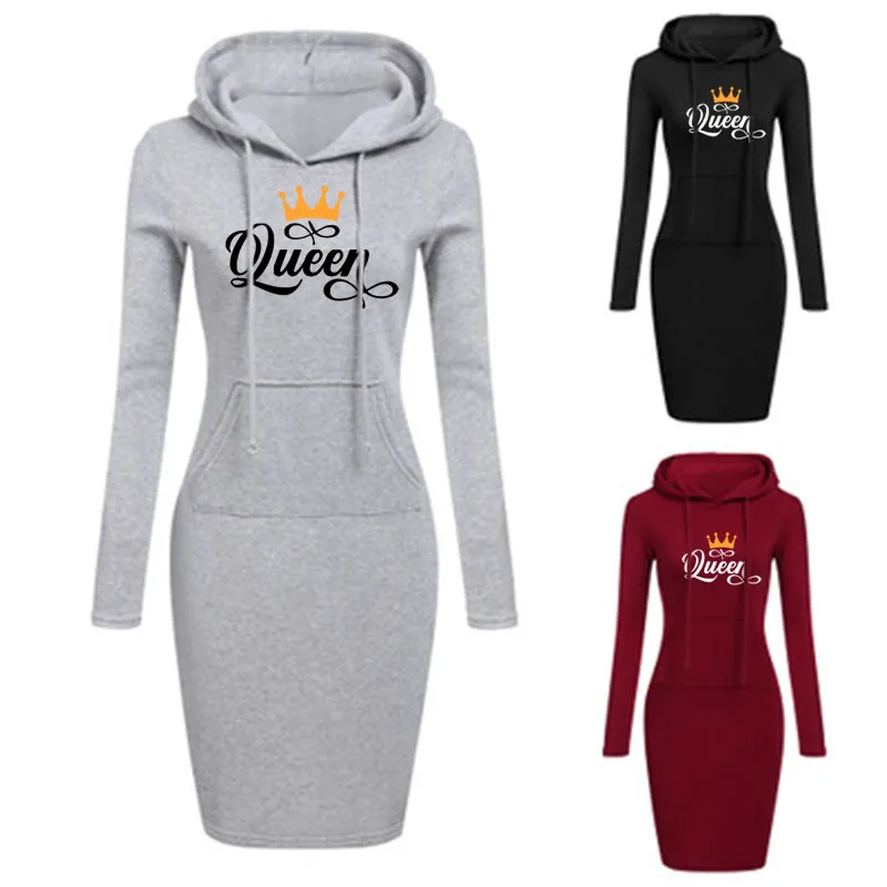 Ladies Dress Autumn Women Hooded Dresses Hoodies Women Queen Letters Print Sweatshirts Women Hoodies Dress Tops Ladies Clothing