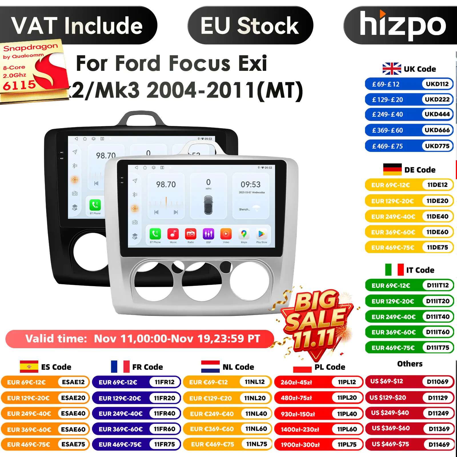 8G+128G 2 DIN Car Android GPS Navigation Radio Multimedia Player For Ford Focus 2 3 Mk2 Mk3 2004-2011 Exi MT Carplay Auto Stereo