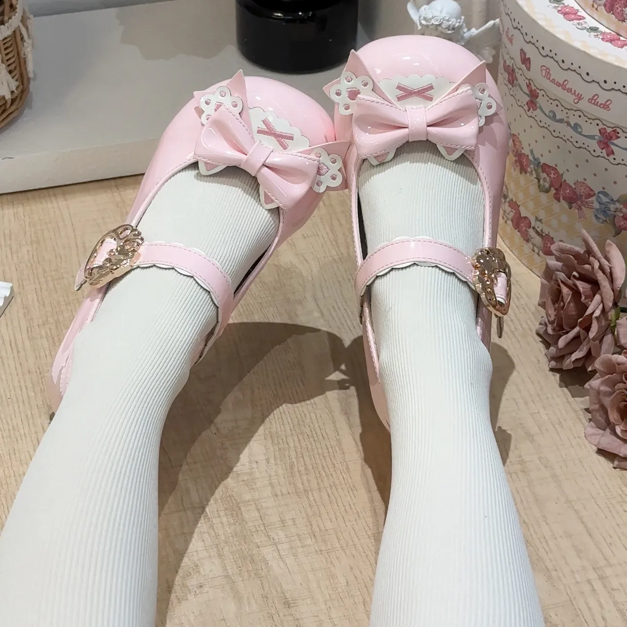Patent Leather 1.5cm Low Wedge Heel Kawaii Shoes for Women Lolita Cat Paw Bow Cat Head Heel Cute Sweet Women's Shoes view 3