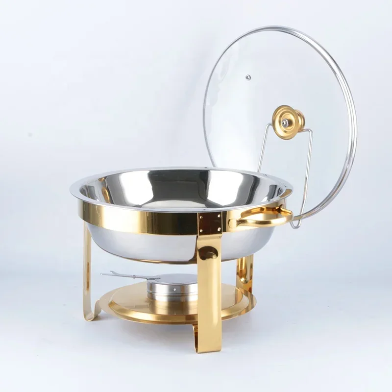 

Round set Self-service food heater with lid rack Gold hot pot