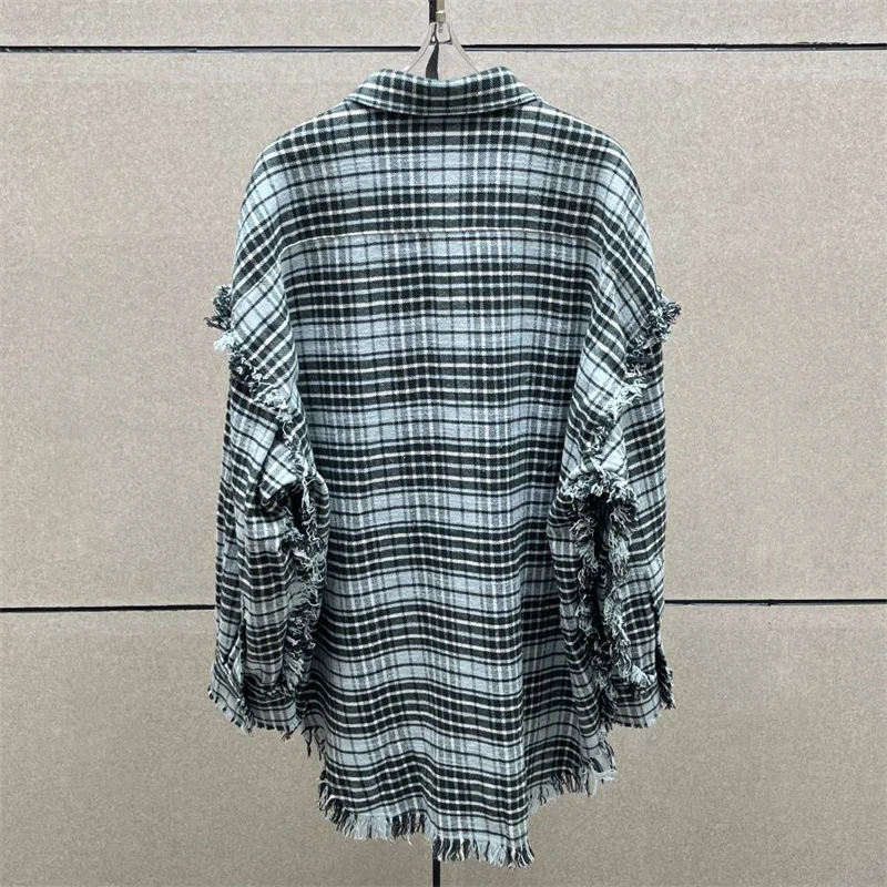 قميص نسائي جديد لخريف 2025 بلوزة نسائية من القطن بأكمام طويلة وشرابة مغسولة وصدر واحد بلوزة نسائية منقوشة y2k