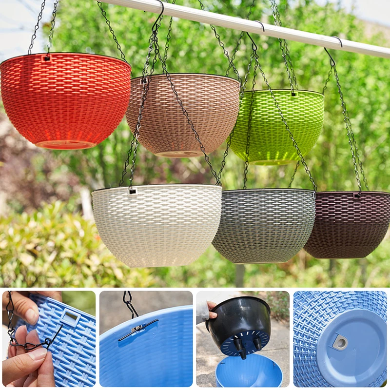 

Hanging Plant Pots Basket Flower Pot Hanger Plastic Imitation Rattan Holder for Garden Balcony Wall Decoration Indoor Outdoor