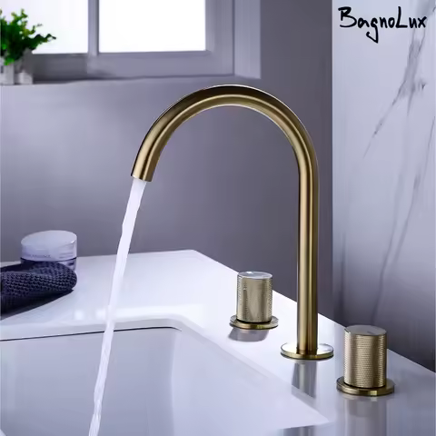 Basin Mixer Water Bathroom Sink Faucet Brushed Gold Brass Deck Mounted Dual Holder Three Hole Mixed Cold And Hot