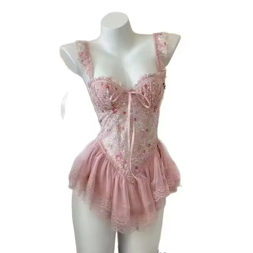 

Pure Desire Floral Printing and Dyeing Fishbone Bra with Chest Pad, Waist and Thin, Sexy Short Skirt, Fun Nightdress Cw69875