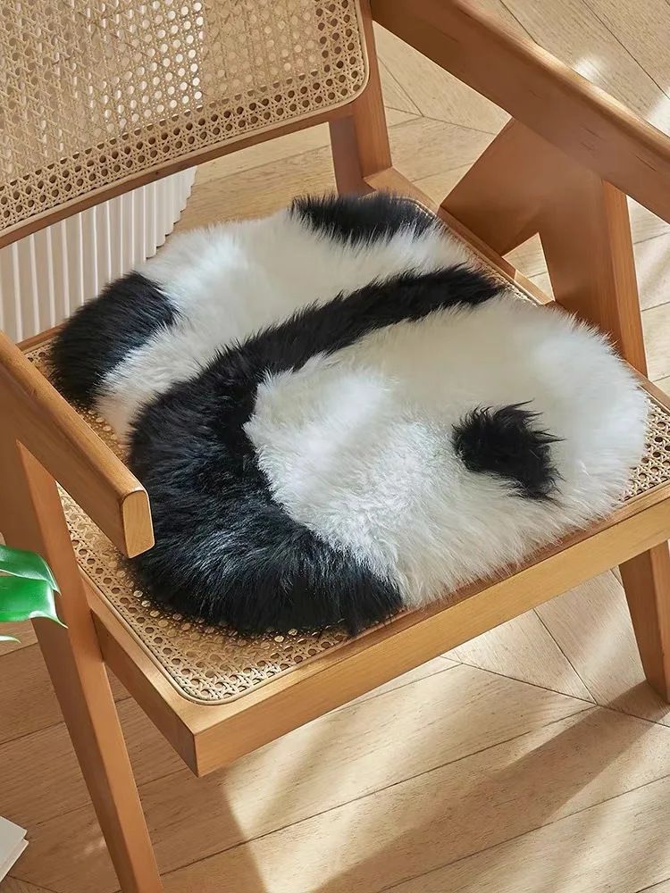 2023 Cute Panda Cushion Sheepskin 100% Lamb Wool Pillow Room Decor Animal Art Warm Winter Use