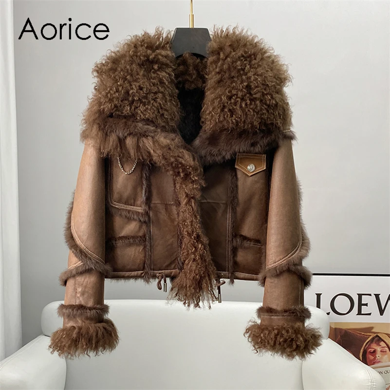 Aorice Winter Real Rabbit Fur Linging Coat Jacket Female Fox Fur Collar Coats Lady Over Size Parka Trench CT2106