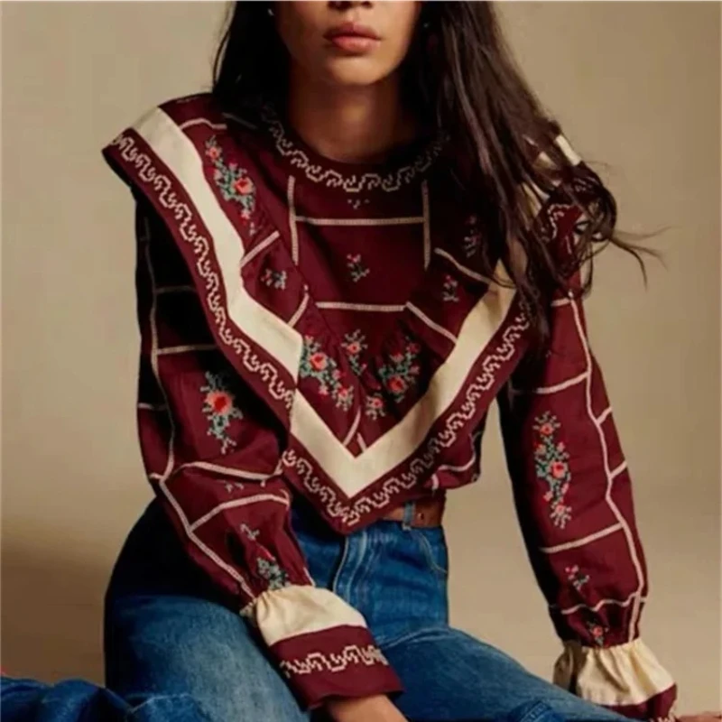 

Cotton Blouse Women Ruffle Edge Puff Sleeve Vintage Flowers Embroidery 2025 Elegant Pullover