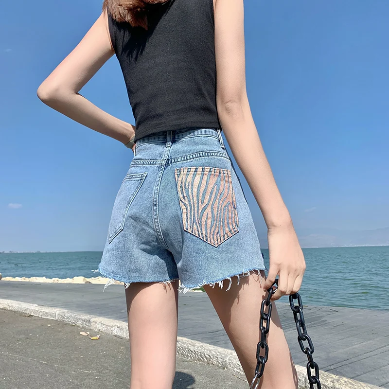 Fashion Women Denim Shorts Zebra-Stripe Pocket Ripped Hole Hot Pants Summer Raw Edge A-Line Casual Jean Shorts