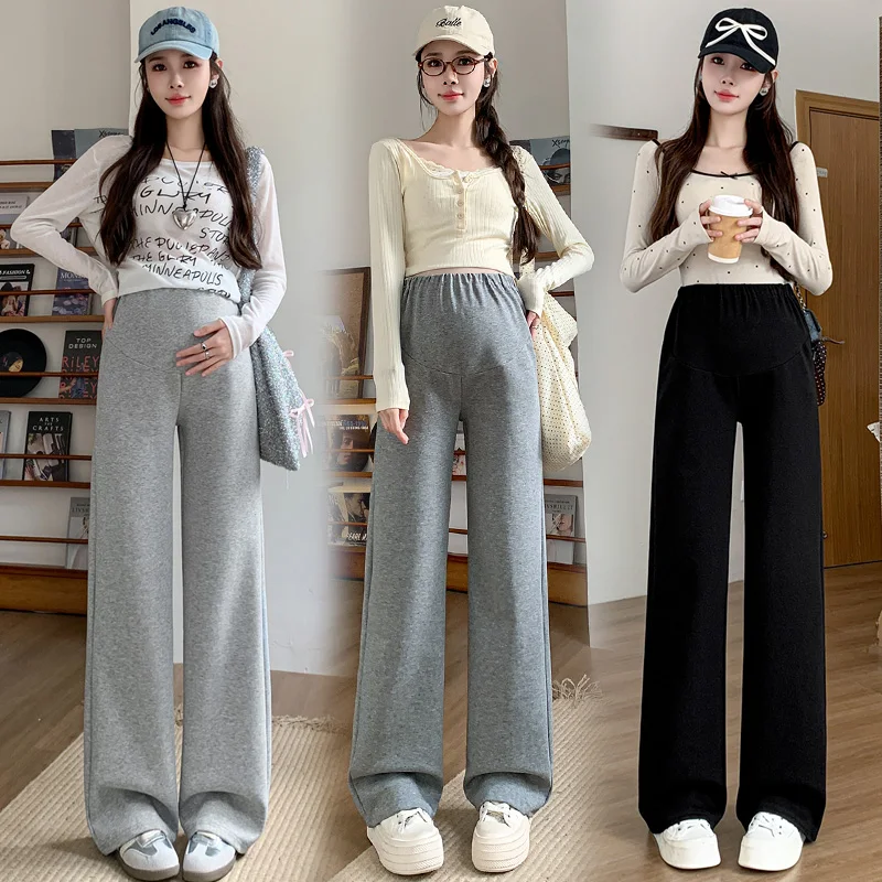 Stiff and Draped Thickened Plus-Size Wide-Leg Maternity Pants for Autumn/Winter Long Straight Trousers for Pregnant Women