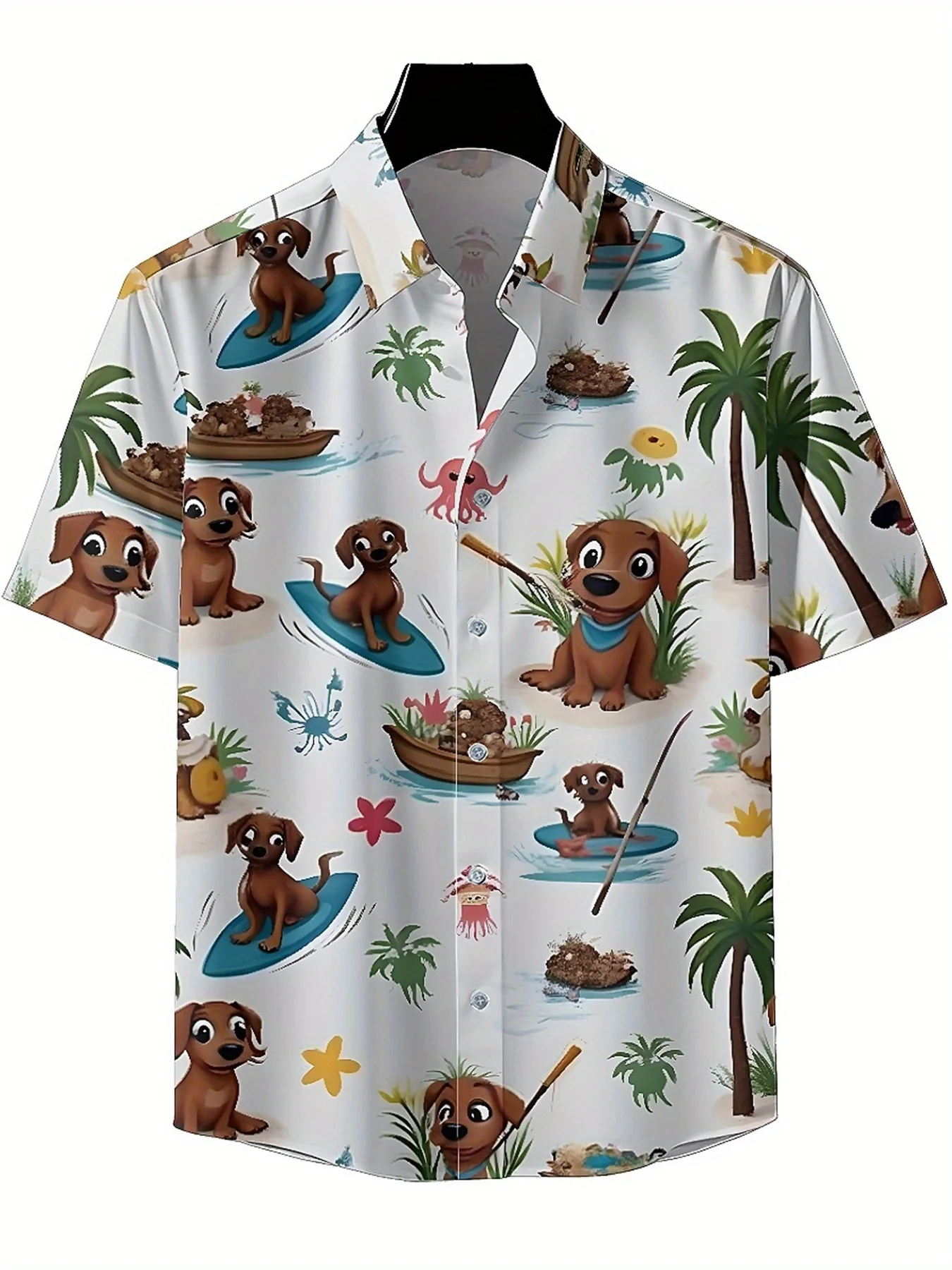 Kemeja Hawaii Ukuran Besar Pria Pola Petualangan Selancar Anjing Tropis, Kemeja Berkancing, Pakaian Kasual Uniseks, Atasan Musim Panas
